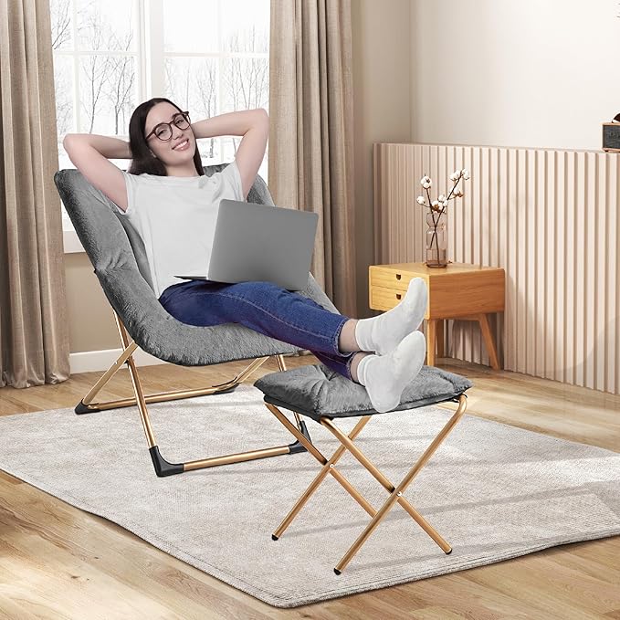 Youtanic Comfy Oversized Saucer Chair with Ottoman,Soft Faux Fur Reading Lounge Chair for Adults,Stable X-Large Metal Frame and Non-Slip Pad,Cozy Chair for Bedroom, Living Room, Dorm, Dark Gray