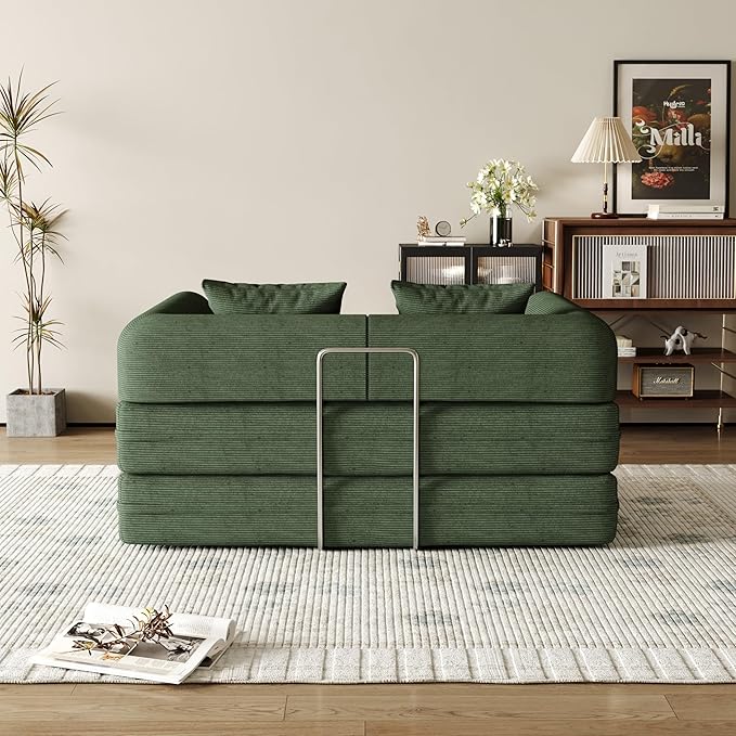 53.15'' Convertible Compressed Corduroy Folding Cloud Sofa Bed, Modern Boneless Pull Out Loveseat Sleeper in a Box, 4 in 1 Floor Mattress Futon Cloud Couch, No Assembly Needed, Green, 2 Pillows, Full