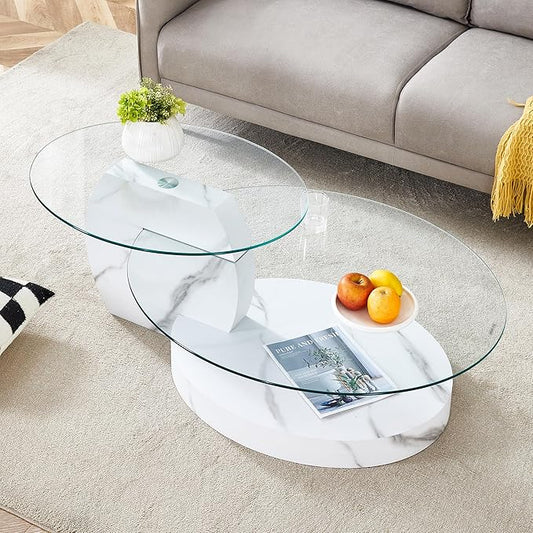 Ebullient Glass Coffee Table, 42" Oval Coffee Table, 2-Tier Glass Tabletop with White Faux Marble Pattern Base, Easy to Maintain and Assemble, Ideal for Dining Room, Living Room