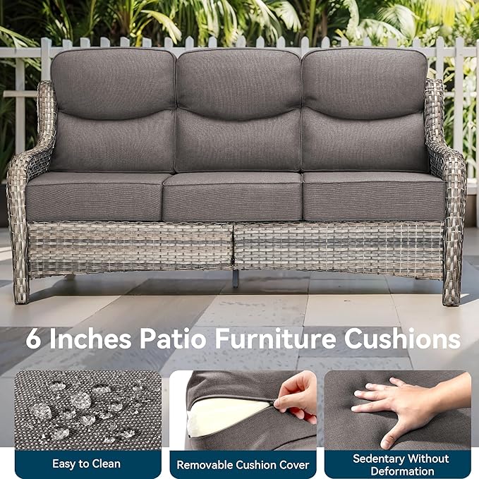 Luxury High Back Outdoor Furniture with 6-Inch Thick Cushions, Patio Furniture Set with Swivel Chairs, 8 PCS Wicker Conversation Set for Porch, Balcony, Deck and Yard