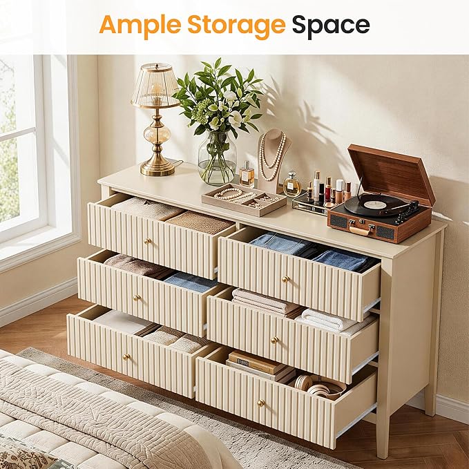 RoyalCraft Beige 6 Drawer Dresser, Fluted Modern Wood Chest of Drawers, Long Dresser for Bedroom TV Stand Storage Cabinet for Living Room - Image 4