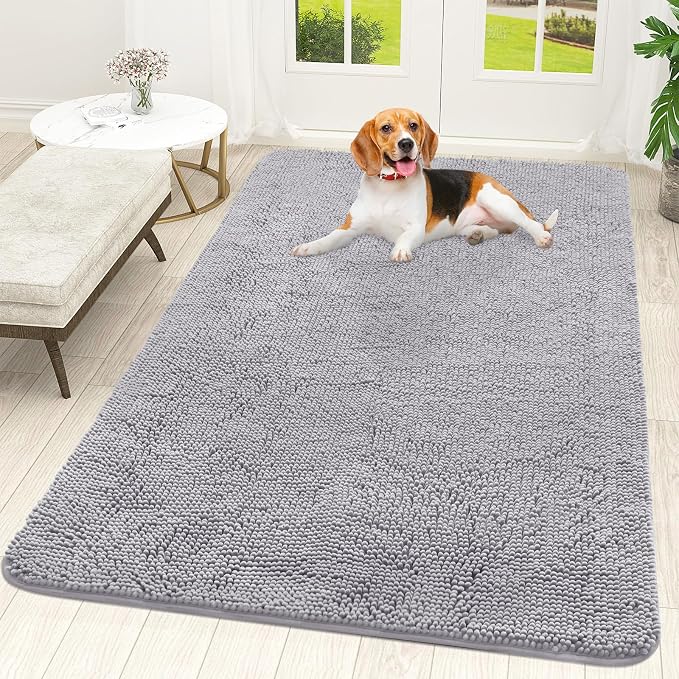 OLANLY Dog Door Mat for Muddy Paws 59x35, Absorbs Moisture and Dirt, Absorbent Non-Slip Washable Doormat, Quick Dry Chenille Mud Mat for Dogs, Entry Indoor Entryway Carpet for Inside Floor, Light Grey by OLANLY