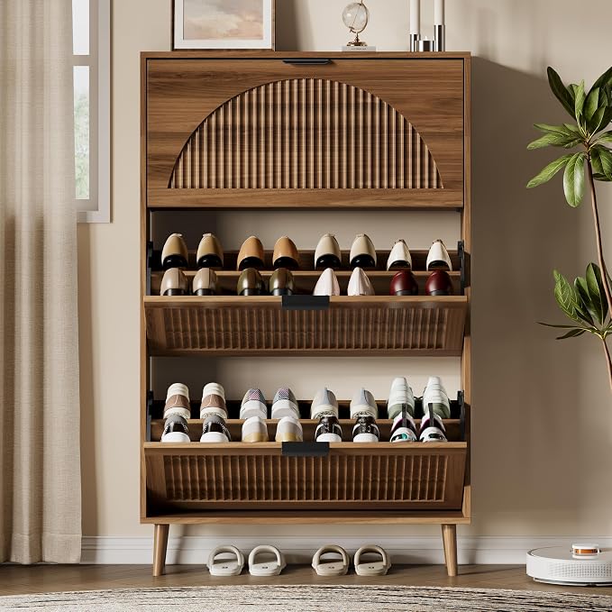 Xixini Shoe Storage Cabinet with 3 Flip Drawers, 50" Tall Narrow Wood Fluted Shoe Organizer for Entryway, Freestanding Wooden Hidden Slim Shoe Rack for Front Door Entrance, Hallway, Foyer, Dark Walnut - Image 7