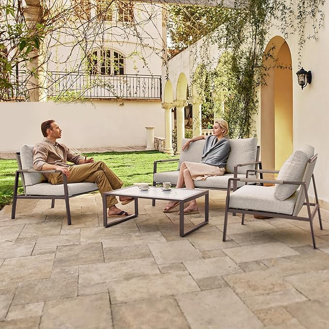 East Oak 4-Piece Outdoor Patio Furniture Set, Patio Conversation Sets with Thick Cushions,Waterproof Outside Seating Furniture with Rattan Armrests, Loveseat and Coffee Table for Backyard, Apricot