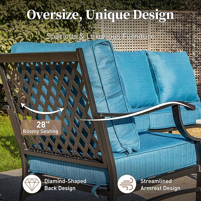 7 Piece Metal Outdoor Patio Furniture Set, Patio Conversation Sets 3-seater Sofa, 4 Fixed Chair, 2 Ottomans with 5.75" Thick Cushion, Black All-weather Frame Backyard Furniture, Blue-2