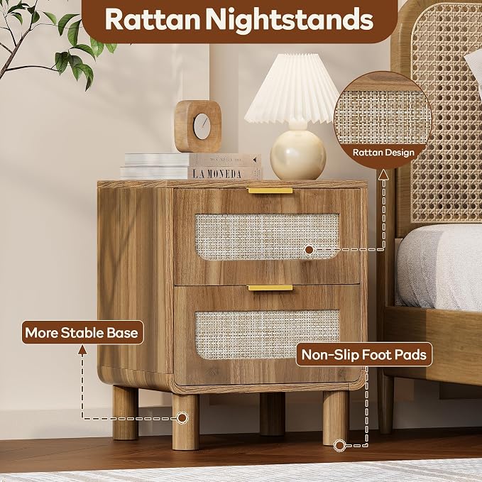 LAZZO Set of 2 Nightstands Wooden Night Stands with Rattan Drawers Home Bedside End Table for Bedroom - Image 3