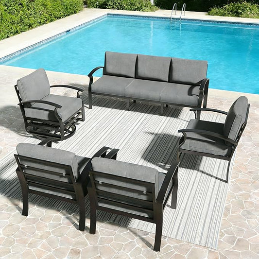 Aluminum Outdoor Patio Furniture Set,5 Pieces 7 Seats Patio Conversation Sets with 2 Swivel Rocking Chairs,Metal Patio Sectional Furniture Set with 5.1" Thickened Cushions,Grey