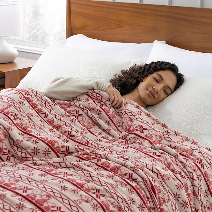 Berkshire Peanuts® VelvetLoft® Cute Character Snoopy Plush Throw Blanket,Cozy Fairisle Crimson Neutral,Throw 55 in x 70 in (Official Peanuts® Product)