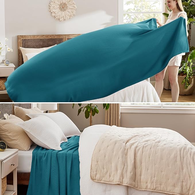 Bedsure GentleSoft 100% Cotton Blanket Queen Size for Bed - Breathable and Lightweight, Soft Cozy Textured Herringbone Woven Blanket for Summer, Teal, 90x90 inches