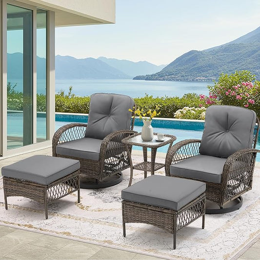 EROMMY 5 Pieces Outdoor Swivel Rocker Patio Chairs, 360 Degree Rocking Patio Conversation Set with Thickened Cushions, Glass Coffee Table and Ottomans for Backyard, Gray