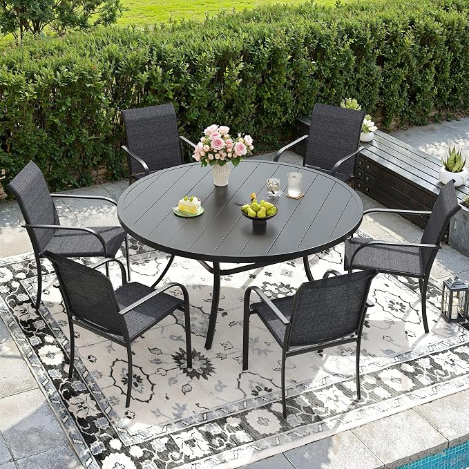 DIFY Patio Dining Set for 6, 7 Piece Outdoor Table and Chairs Set, 50" Black Round Metal Patio Dining Table and 6 Grey Textilene Stackable Patio Chairs, for Backyard Garden Poolside by DIFY