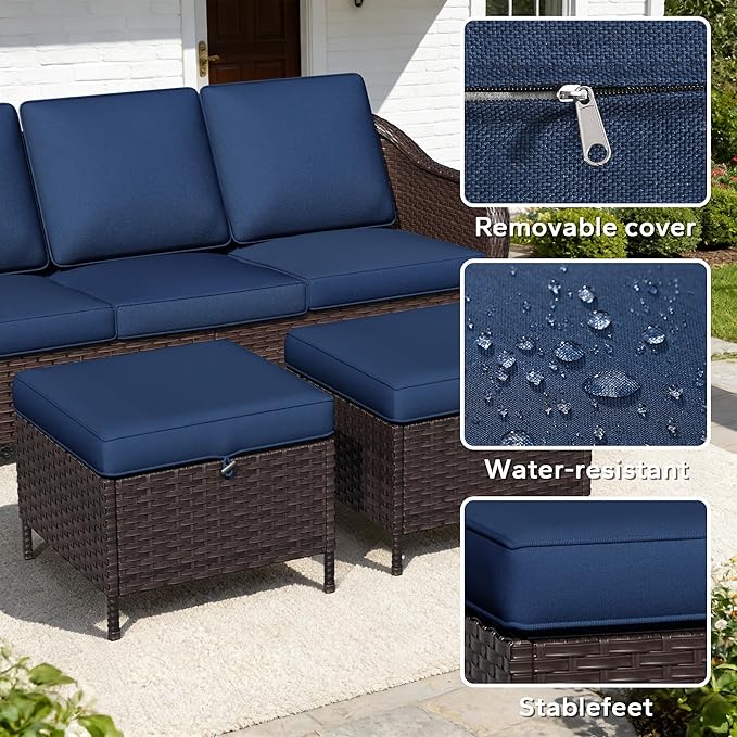 3 Piece Patio Wicker Conversation Set, All-Weather Use Outdoor Wicker Loveseat with 2 PE Rattan Ottomans, Ideal for Porch, Backyard, Balcony, Poolside, Blue