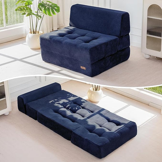 MAXYOYO 8" Folding Sofa Bed, Convertible Sleeper Sofa Lounger Foldable Mattress, Wedge Shape Floor Couch Tufted Fold Out Chair Bed Comfy Floor Couch Lounge for Living Room Bedroom, Single, Navy