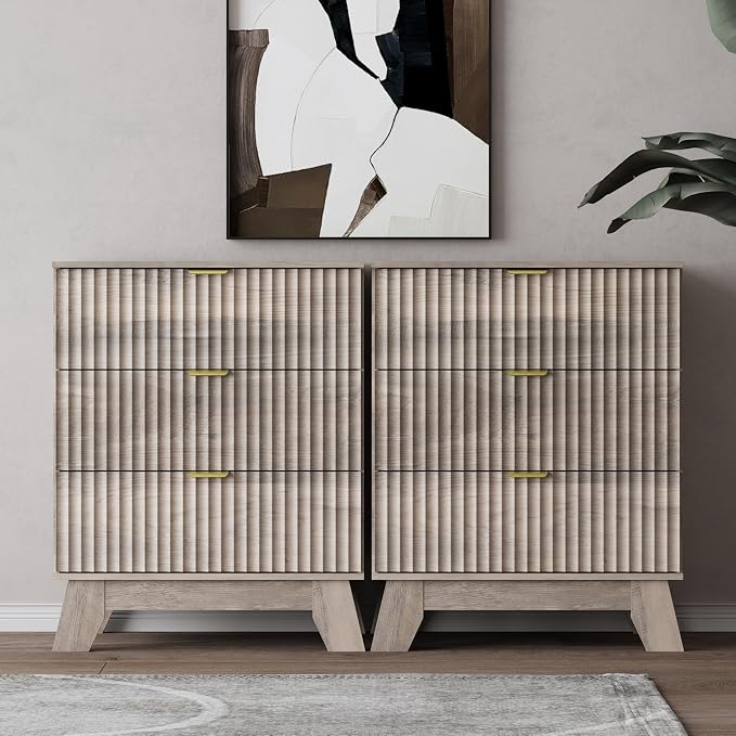 Wodeer Night Stand Set 2, Bedside Table & End Table, Mid Century Modern Fluted Wood Nightstand with 3 Drawers & Metal Handles, Farmhouse Nightstand for Bedroom, Grey by WODEER