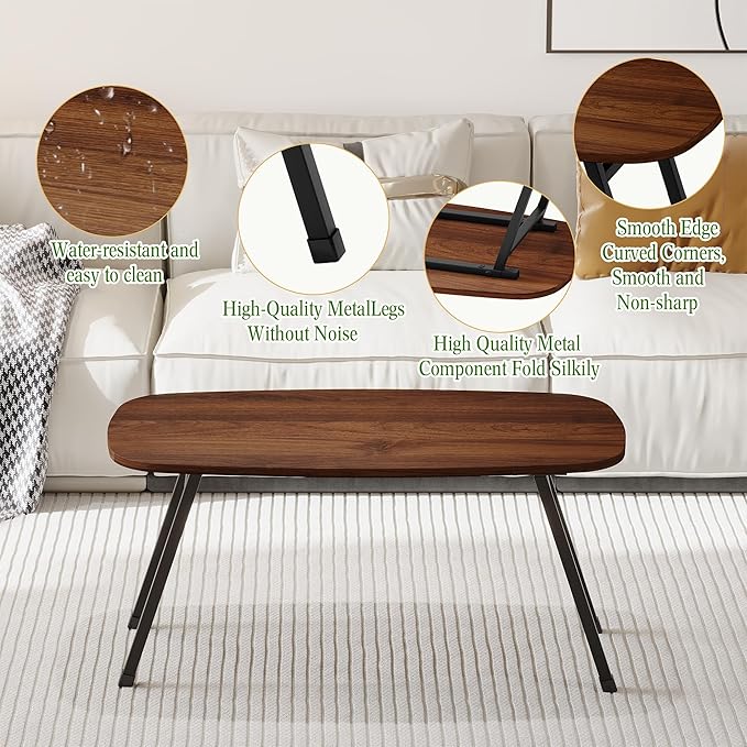 Folding Coffee Table,Modern Foldable Coffee Tables for Small Spaces,Rectangular Mid Century Low Floor Table,Tea Table,Sofa Side Table for Living Room, Home, Office,Easy Assembly,Brown