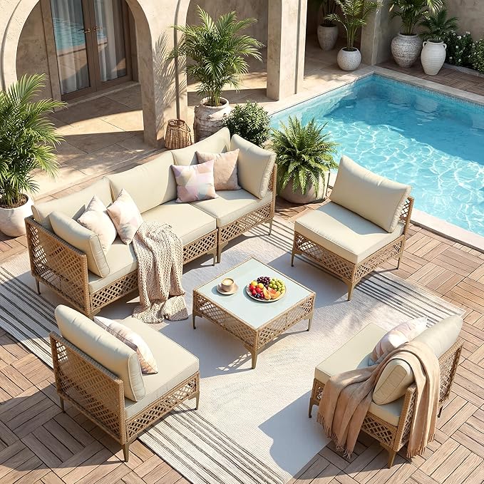 FHFO 7 Piece Patio Furniture Set, Outdoor Wicker Modular Sectional Patio Conversation Set with Thicker Cushion & Tempered Glass Coffee Table for Backyard, Poolside, Porch (Yellow/Beige)