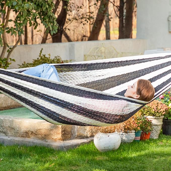 PNAEUT Handwoven Mayan Hammock, Thick Soft Rope Double Hammock for Outdoor Outside & Indoor, 600 lbs Capacity Heavy-Duty, Includes Tree Straps, Carabiners & Carrying Bag (Black and White, X-Large) - Image 2