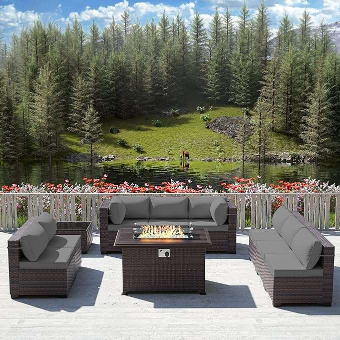 10 Pieces Outdoor Patio Furniture Set,Outdoor Sectional Furniture with 43" 55000 BTU Gas Propane Fire Pit Table,All Weather PE Rattan Wicker Patio Conversation Set,Grey
