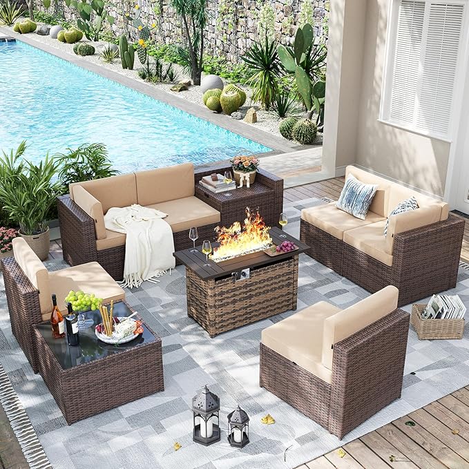 Aoxun 9 Piece Patio Furniture Set with 44” Fire Pit Table, Wicker Outdoor Furniture Set with Storage Box, Patio Sectional Set with Cushions and Waterproof Cover (Brown & Khaki)