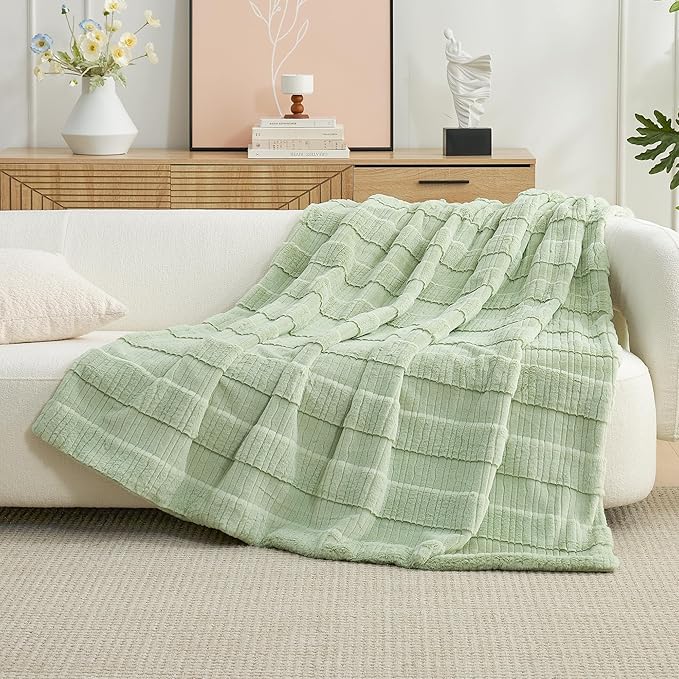 Amélie Home Luxury Striped Faux Fur Throw Blanket for Couch, Soft Cozy Fuzzy Fluffy Soft Plush Blankets Sofa Chair Gift Blankets for Women, 60"x80", Sage Green