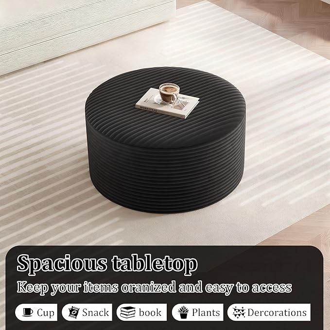 Round Coffee Table Ottoman for Corduroy Cloud Sectional Couches in a Box Memory Foam Compressed Pouf Footstool Rest for Living Room, Bedroom, Makeup Room No Assembly Require(Black, 32")