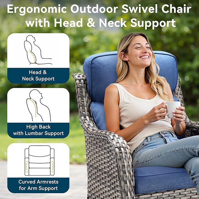 Luxury High Back Outdoor Furniture with 6-Inch Thick Cushions, Patio Furniture Set with Swivel Chairs, 7 PCS Wicker Conversation Set for Porch, Balcony, Deck and Yard