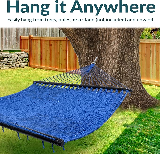 Sunnydaze Soft-Spun Polyester Rope Double Hammock for Outside - 600-Pound Weight Capacity Extra Large Hammock - Blue - Image 4