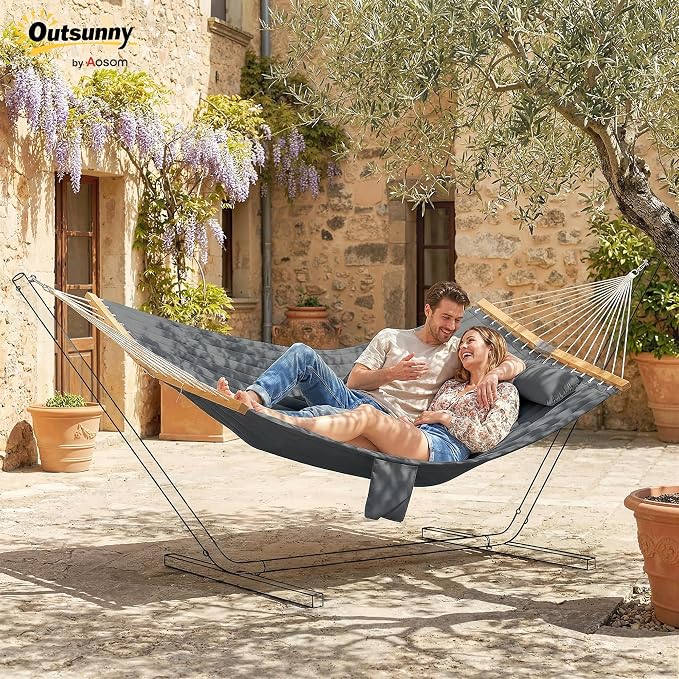 Outsunny Outdoor Hammock, 2-Person Hammock with Head Pillow and Pad, Wood Spreader Bars, 440 lbs Capacity, for Patio Yard Garden, 128" x 55", Gray - Image 2