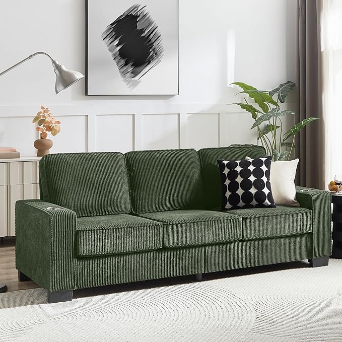 83" Modern Cloud Sofas for Living Room Bedroom, 3 Seat Modular Couch Soft Corduroy Upholstered Loveseat Couches with Cupholders for Home Apartment Office Studio