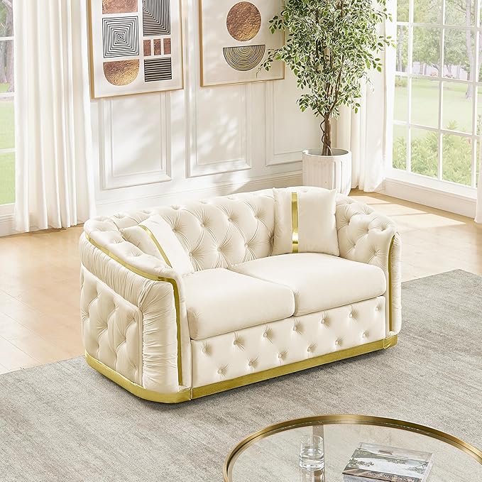 KEIKI 63" Luxury Oversized Velvet Chesterfield Sofa with 2 Pillow & Gold Stainless Decoration, Italian Modern Style 2-Seater Button Tufted Couch with Rolled Arms, Easy Assembly, for Living Room, Beige