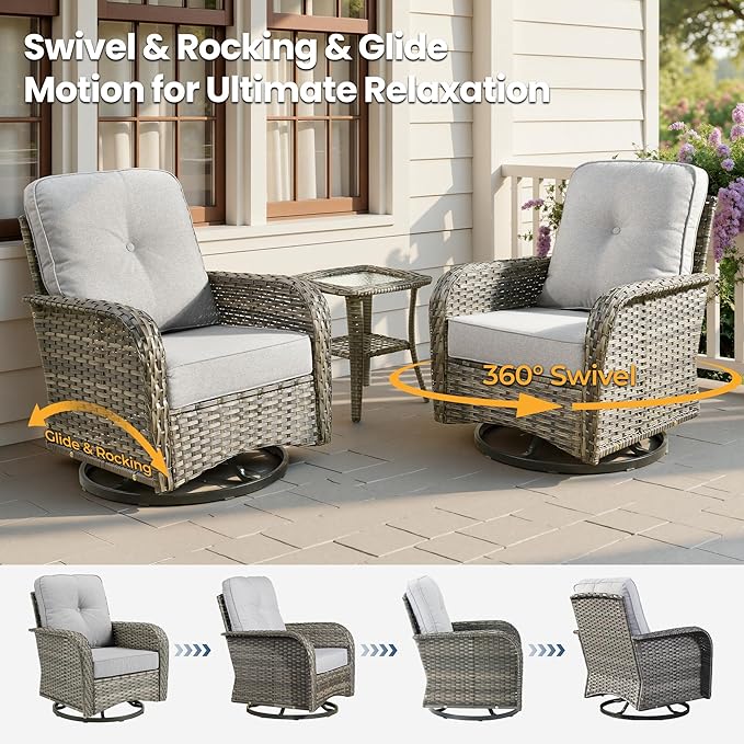 8 Pieces Outdoor Patio Furniture Sets, High Back Swivel Rocker Chairs Loveseat Sofa Coffee Table, All Weather Wicker Conversation Set for Deck Backyard Porch Poolside, Light Gray