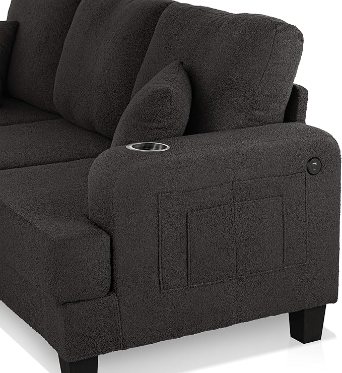 Homes: Inside + Out Reese Modern Plush Boucle Couch with Side Pockets, Cup Holders and USB Ports, Wooden Comfortable Sofa for Living Room, Bedroom and Office, Dark Grey