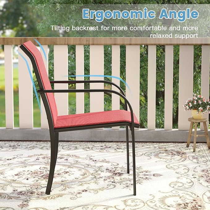 DIFY 7 Pieces Outdoor Patio Dining Set for 6, 50" Black Round Metal Dining Table and 6 Red Stackable Sling Dining Chairs, Outdoor Table and Chairs for Lawn Garden Backyard Deck - Image 7