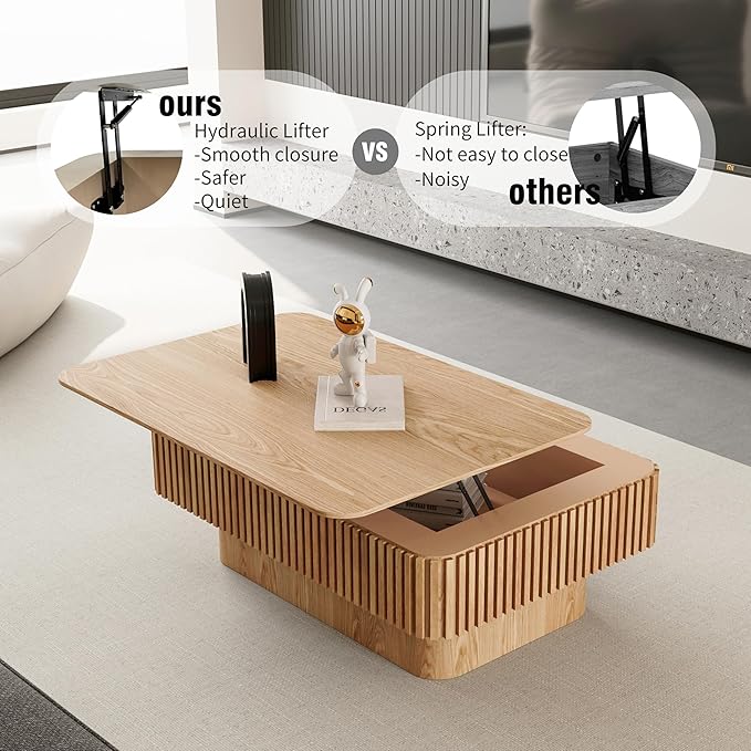 38.6'' Lift-top Coffee Table Solid Wood Veneered Center Table Rectangular Fluted Table with Storage and Adjustable Height for Living Room Apartment Office, Oak