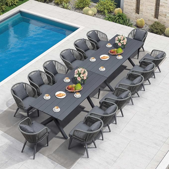 PURPLE LEAF 16 Pieces Patio Dining Set Wicker Outdoor Furniture Rectangular Table and Chairs Set for Garden Deck Aluminum Frame Backyard Kitchen Set, Cushions and Pillows Included Grey by PURPLELEAF