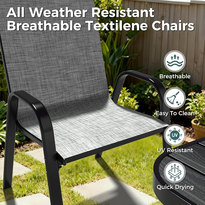 Pamapic Outdoor Dining Sets for 6, Rectangular Steel Slat Table with 6 Textilene Chairs, 7 Piece Patio Table and Chairs Set with Umbrella Hole for Patio, Garden, Backyard and Poolside (Grey) - Image 7