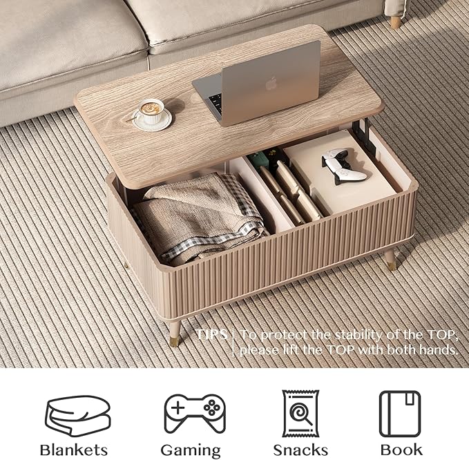 SULIVES Lift Top Coffee Table with Storage,Fluted Coffee Table with Lifting Top,Mid Century Modern Center Table with Solid Wood Legs,Small Coffee Tables for Living Room,Oak