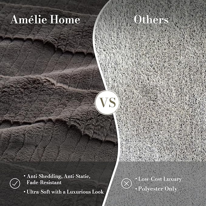 Amélie Home Luxury Striped Faux Fur Throw Blanket for Couch, Soft Cozy Fuzzy Fluffy Soft Plush Blankets Sofa Chair Gift Blankets for Women, 60"x80", Charcoal Gray