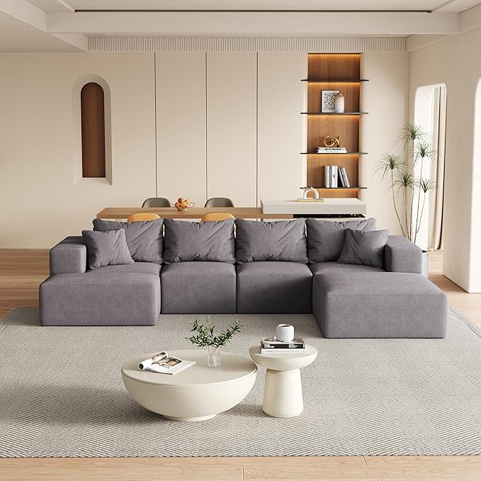KEIKI 132" Boneless Sofa with Ottoman, L Shaped Corner Couch, Upholstered Corduroy Free Combination Sectional Couch for Living Room, Bedroom, Gray