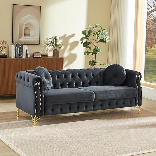 ERYE 82-Inch Button Tufted Sofa Couch with 2 Round Pillows, 3 Seat Velvet Tufted Sofa Spacious Chesterfield Loveseat Couches W/Nailhead Decor,Ring Accent & Golden Legs