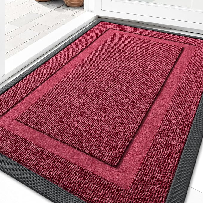 OLANLY Front Door Mat Indoor Outdoor Entrance, Waterproof All-Season, All-Weather Doormat, Sturdy Natural Rubber, Low Profile, Easy Clean Patio Porch Entryway Mat, 29.5x17, Burgundy by OLANLY