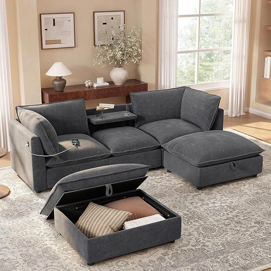 Merax Modern U-Shaped Sectional Sofa with 2 Movable Storage Ottomans, Chenille 6-Seat Couch Set with Fold-Down Backrest Table, Charing Ports, Cup Holders for Living Room,Small Space, Gray