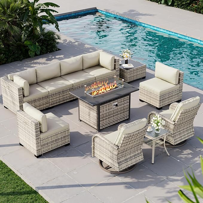 11-Piece Outdoor Patio Furniture Set with Rocking Swivel Chair, Wicker Rattan Sectional Sofa Conversation Set with 55,000 BTU Fire Pit Table, Backyard Furniture, White