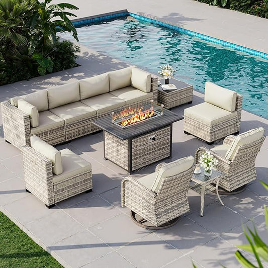 11-Piece Outdoor Patio Furniture Set with Rocking Swivel Chair, Wicker Rattan Sectional Sofa Conversation Set with 55,000 BTU Fire Pit Table, Backyard Furniture, White
