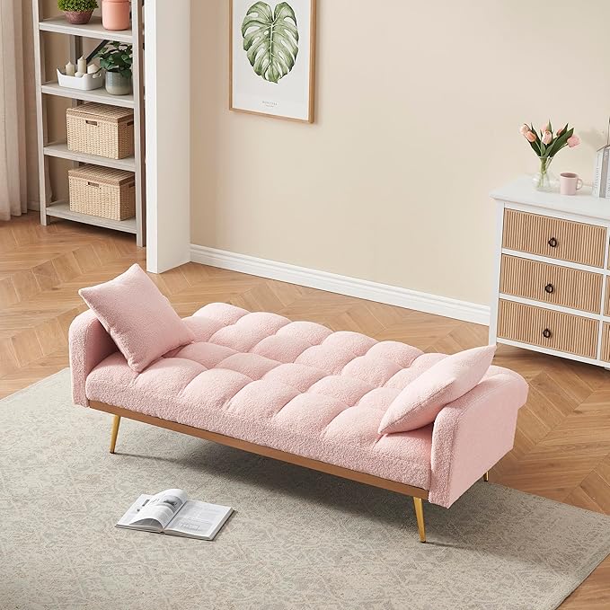Convertible Futon Loveseat Couch Reversible Loveseat Folding Daybed Guest Bed, Tufted Teddy Fleece Upholstered Convertible Sleeper Sofa Bed with Golden Metal Legs and 2 Pillows for Living Room Office