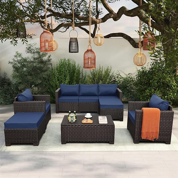 6 Pieces Patio Outdoor Furniture Conversation Sets Patio Wicker Sofa Set with Outdoor Couch Patio Chairs and Storage Table Non-Slip Cushions Waterproof Covers, Navy Blue