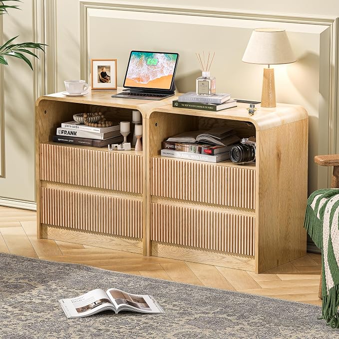 Modern Fluted Night Stand with Charging Station, 25" Tall Wood Nightstand Bedside Table with 3 Drawers & USB Ports, Mid-Century End Table for Bedroom (2, Nature Fluted, 2 Drawers) by Expandyourspacewithendlesspossibilities
