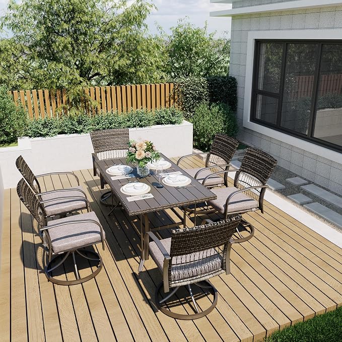 Pamapic 7 Piece Patio Dining Set for 6,Wicker Outdoor Furniture Set for Backyard Garden Deck Poolside with Iron Slats Table Top (Grey, 7 PCS Swivel Dining Set) - Image 2