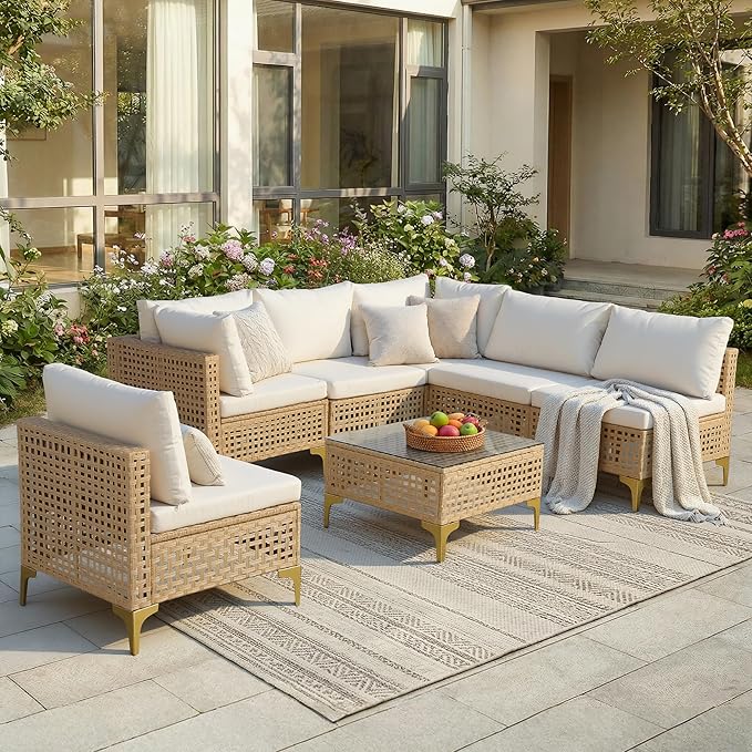 FHFO Oversized Patio Furniture Set, 7-Piece Wicker Patio Sectional Sofa Couch, Rattan Outdoor Conversation Set with Thick Cushion & Tempered Glass Coffee Table for Porch, Backyard, Yellow/Beige