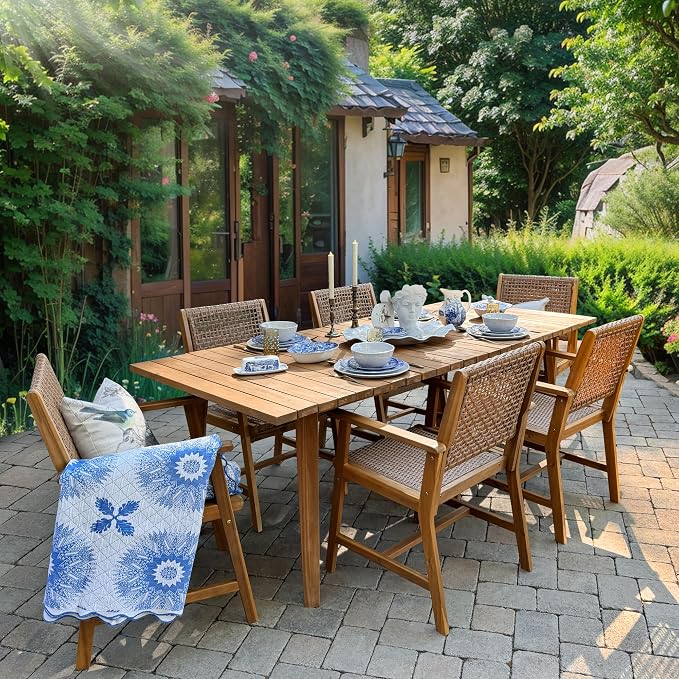 PHI VILLA Outdoor Acacia Wood Chairs Set of 2, Patio Dining Armchairs with Wicker Back & Seat, Farmhouse Style Teak Seating Furniture for Deck Yard Balcony Garden - Bright Brown - Image 5